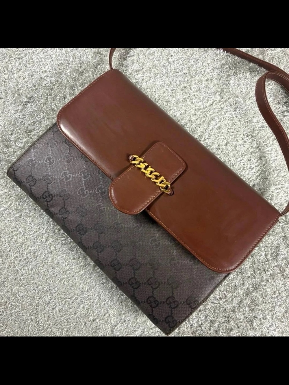 Gucci Brown Leather and Monogram Shoulder Bag with Gold Chain Accent